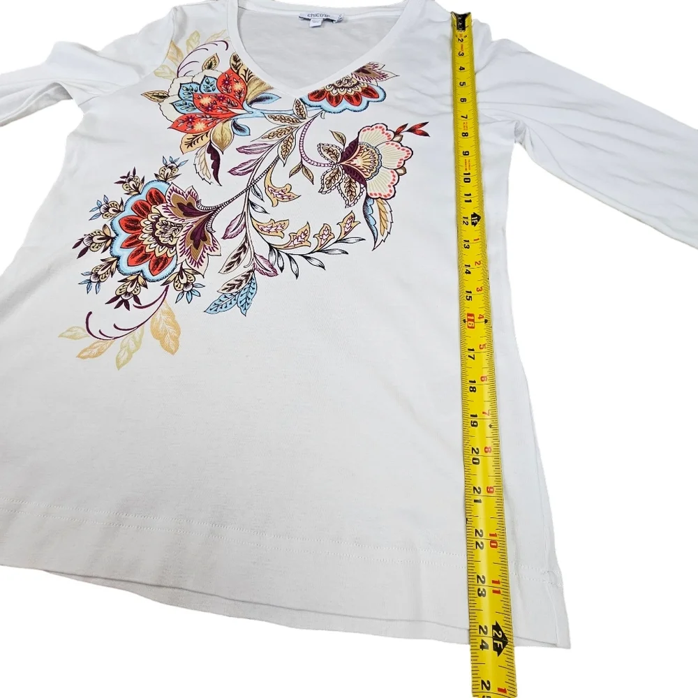 CHICO'S Floral Pima Cotton 3/4 Sleeve Soft, Lightweight Pullover Top Size S - Picture 8 of 11
